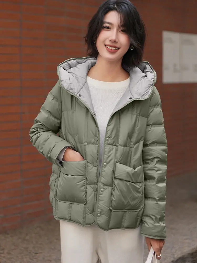 Women's White Duck Down Hooded Jacket, Short, Light, Quilted, Outerwear, Fall, Winter, New, 2024