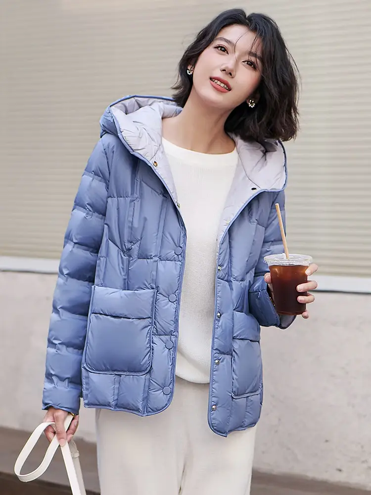 Women's White Duck Down Hooded Jacket, Short, Light, Quilted, Outerwear, Fall, Winter, New, 2024