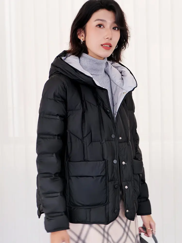 Women's White Duck Down Hooded Jacket, Short, Light, Quilted, Outerwear, Fall, Winter, New, 2024