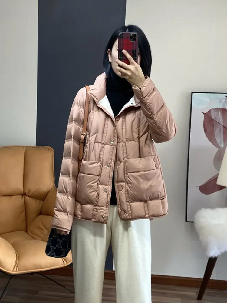 Women's White Duck Down Hooded Jacket, Short, Light, Quilted, Outerwear, Fall, Winter, New, 2024