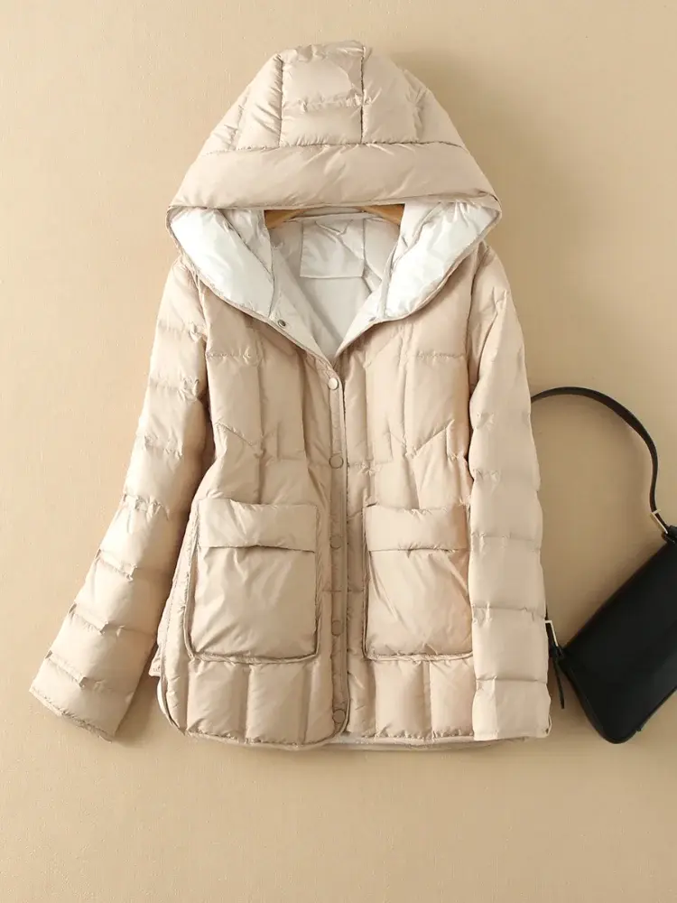 Women's White Duck Down Hooded Jacket, Short, Light, Quilted, Outerwear, Fall, Winter, New, 2024