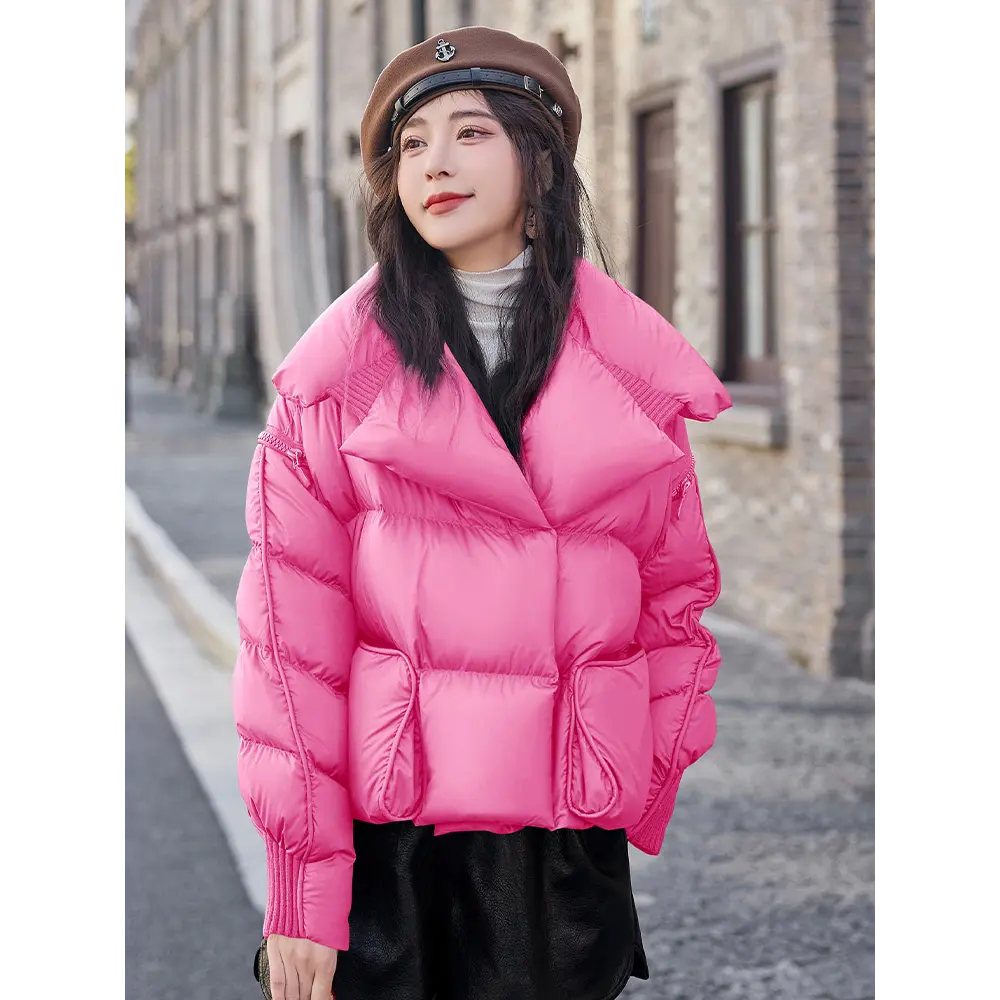 Women's White Duck Down Coat, Large Lapel, Short Warm Overcoat, Casual Fashion, Monochromatic, Autumn and Winter