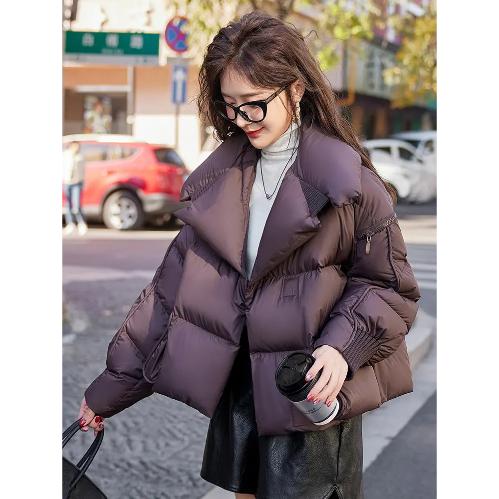 Women's White Duck Down Coat, Large Lapel, Short Warm Overcoat, Casual Fashion, Monochromatic, Autumn and Winter