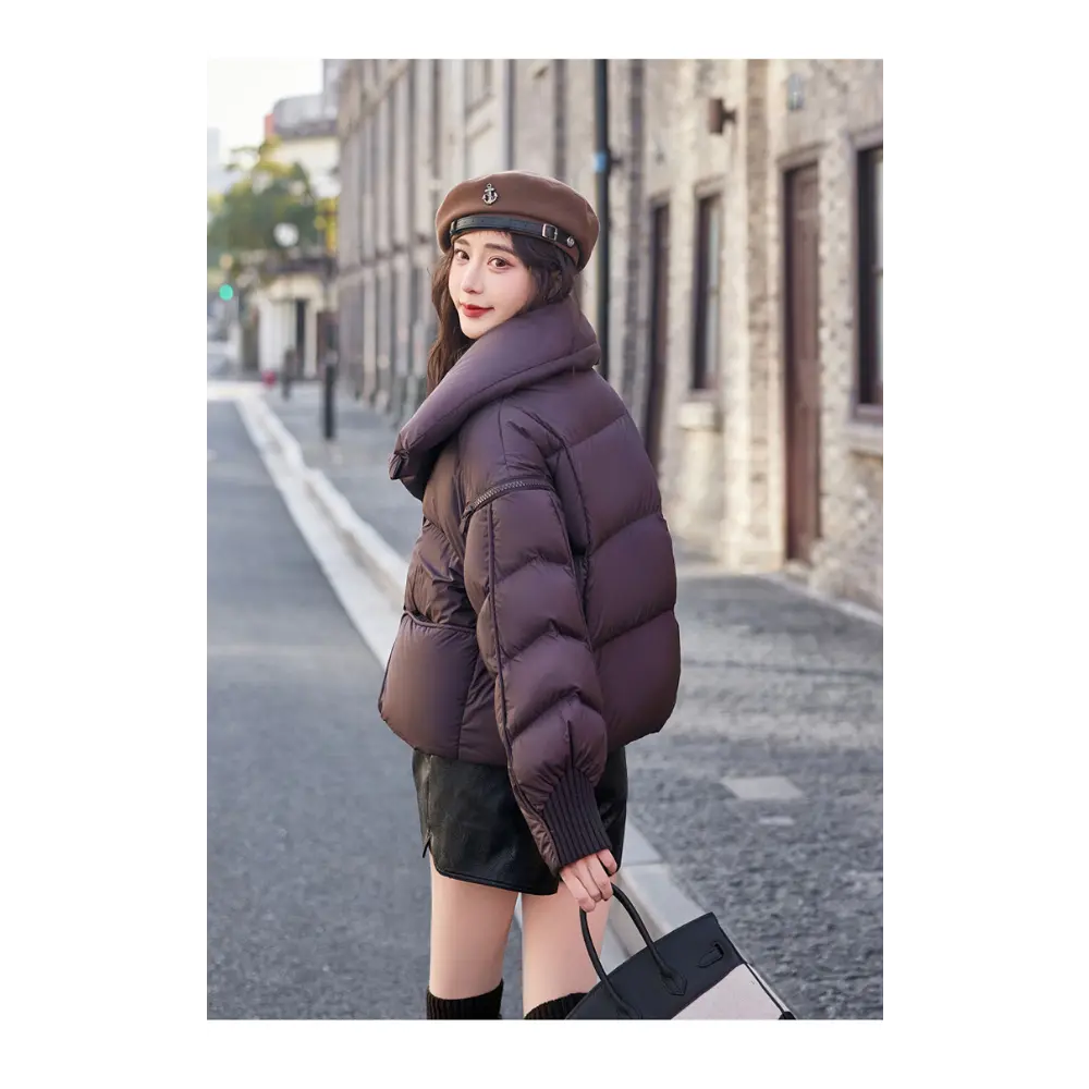 Women's White Duck Down Coat, Large Lapel, Short Warm Overcoat, Casual Fashion, Monochromatic, Autumn and Winter