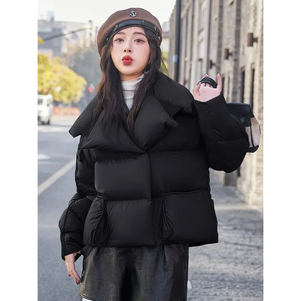 Women's White Duck Down Coat, Large Lapel, Short Warm Overcoat, Casual Fashion, Monochromatic, Autumn and Winter