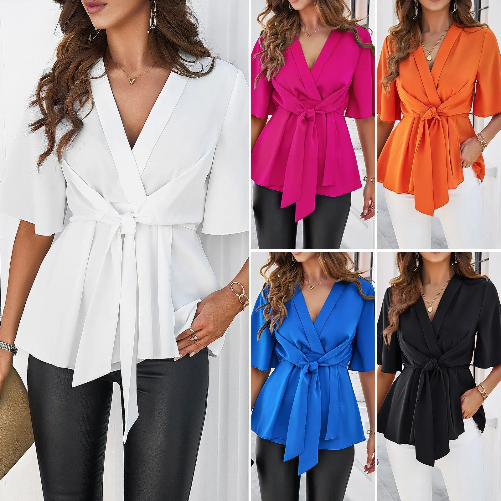 Spring and Summer New Flare Sleeve Blouses for Women Fashion V-neck Solid Color Temperament Elegant Tie Waist Thin Blouse