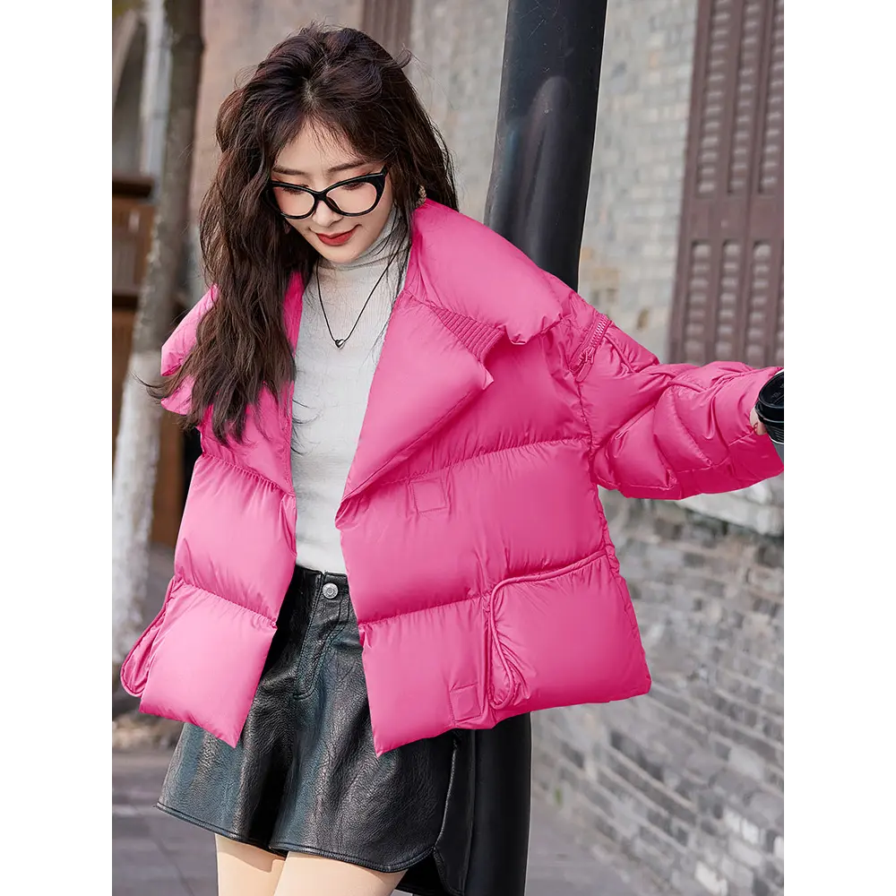 Women's White Duck Down Coat, Large Lapel, Short Warm Overcoat, Casual Fashion, Monochromatic, Autumn and Winter