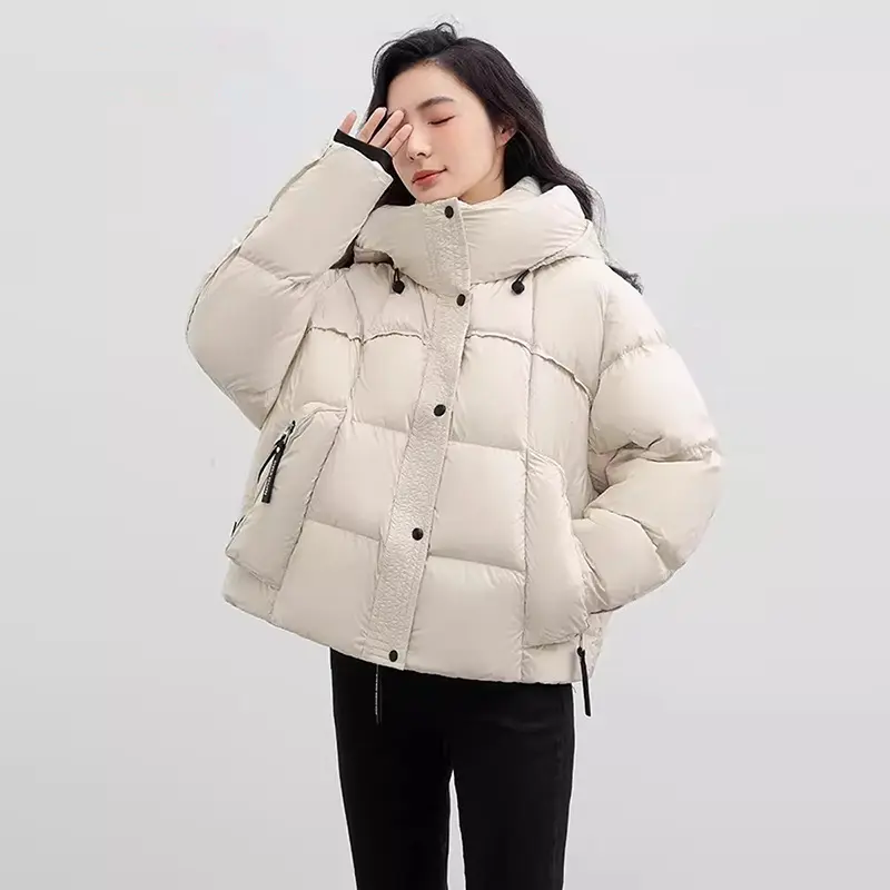 White Duck Down Hooded Jacket for Women, Thick, Loose, Casual, Warm, Couple Puffer Jacket, Winter, New Fashion, 2024