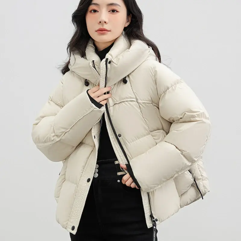 White Duck Down Hooded Jacket for Women, Thick, Loose, Casual, Warm, Couple Puffer Jacket, Winter, New Fashion, 2024