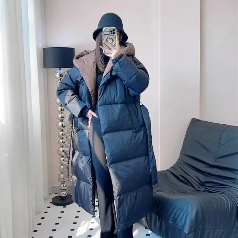 Long Down Jacket for Women, Loose Hooded Coat, Warm Down Jacket Lace-up Waist Design, Fake Two Pieces, Winter Fashion, New, 2024