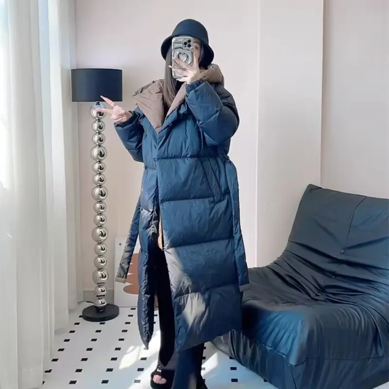 Long Down Jacket for Women, Loose Hooded Coat, Warm Down Jacket Lace-up Waist Design, Fake Two Pieces, Winter Fashion, New, 2024