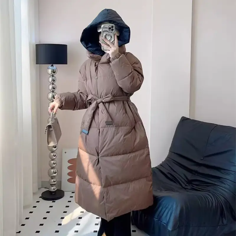 Long Down Jacket for Women, Loose Hooded Coat, Warm Down Jacket Lace-up Waist Design, Fake Two Pieces, Winter Fashion, New, 2024