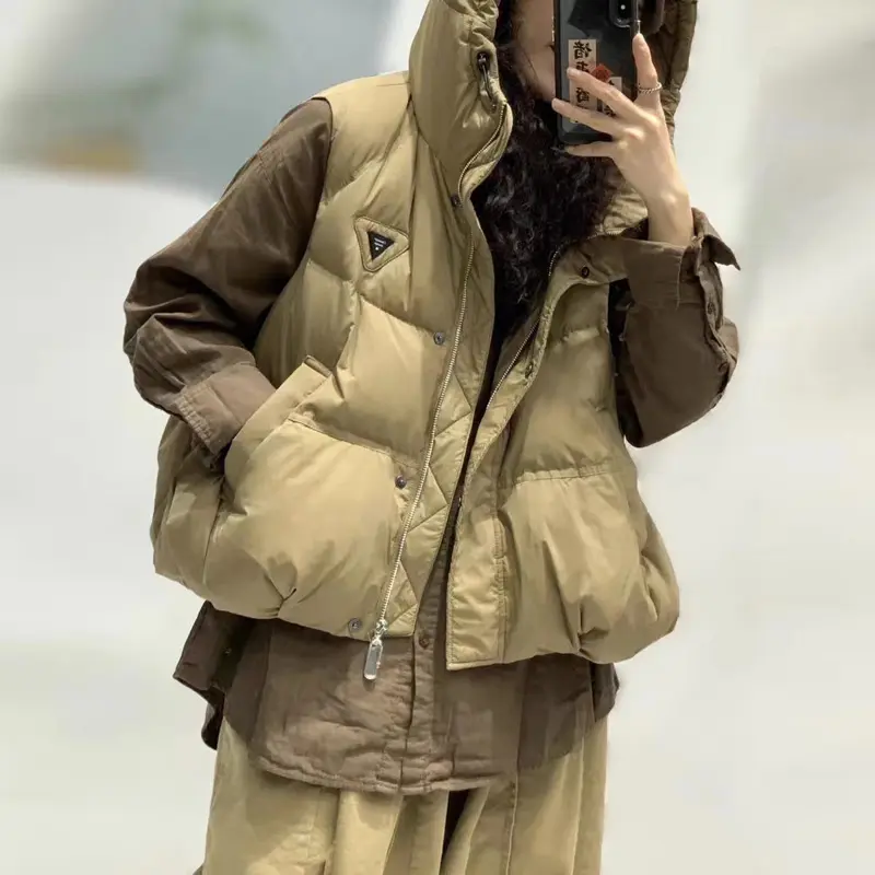 Women's White Duck Down Vest, Short Lapel, Warm Jacket, Street Fashion, Korean 90 Down, Casual Tops, Winter, 2024