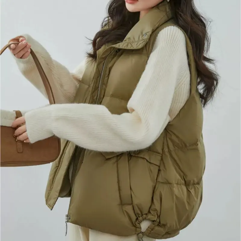 Women's White Duck Down Vest, Short Lapel, Warm Jacket, Street Fashion, Korean 90 Down, Casual Tops, Winter, 2024