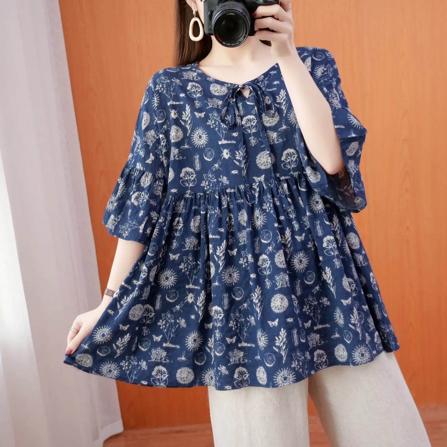 Cotton Linen Shirt Ladies Summer New Loose Big Yards Thin Shirt Ethnic Wind Small Broken Flowers Thin Trumpet Sleeve Doll Shirt