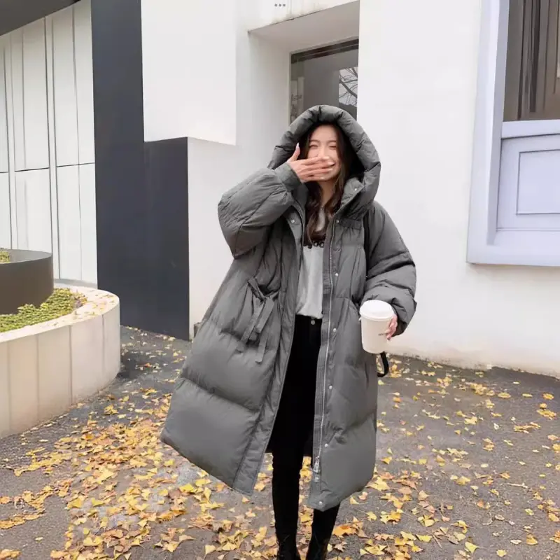 Down Jacket with Bow Tie for Women, Monochrome, Thickened Windproof Mid-length, Snow Coats, Korean Outerwears, Winter, New, 2021