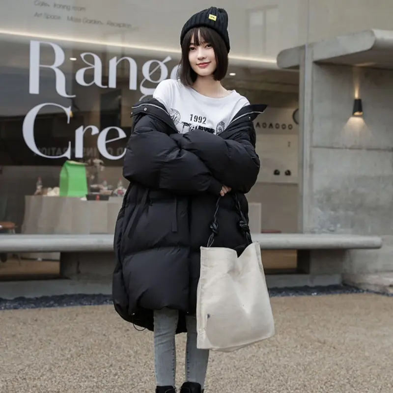 Down Jacket with Bow Tie for Women, Monochrome, Thickened Windproof Mid-length, Snow Coats, Korean Outerwears, Winter, New, 2021