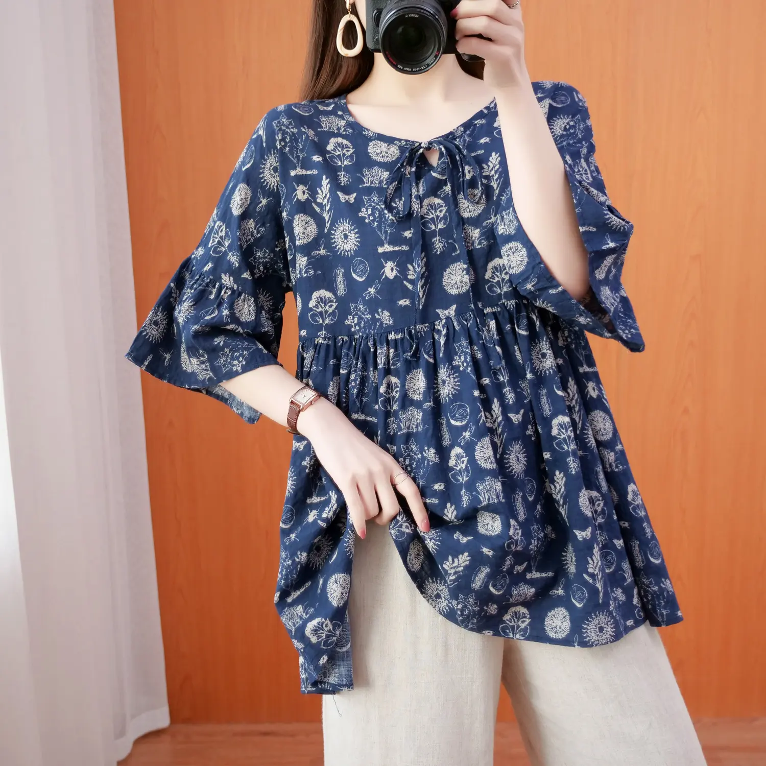 Cotton Linen Shirt Ladies Summer New Loose Big Yards Thin Shirt Ethnic Wind Small Broken Flowers Thin Trumpet Sleeve Doll Shirt