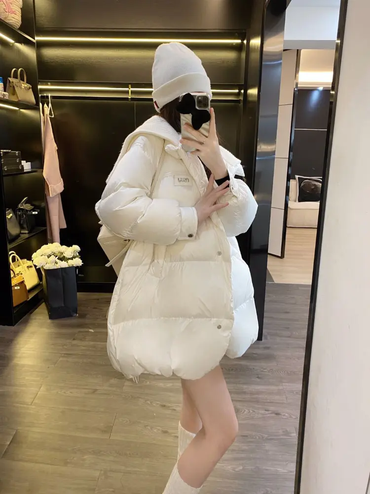 Women's Thickened Warm Duck Down Jacket, Knitted Splicing Lapel, Casual Loose Parka, Medium Length, 90% White, Winter