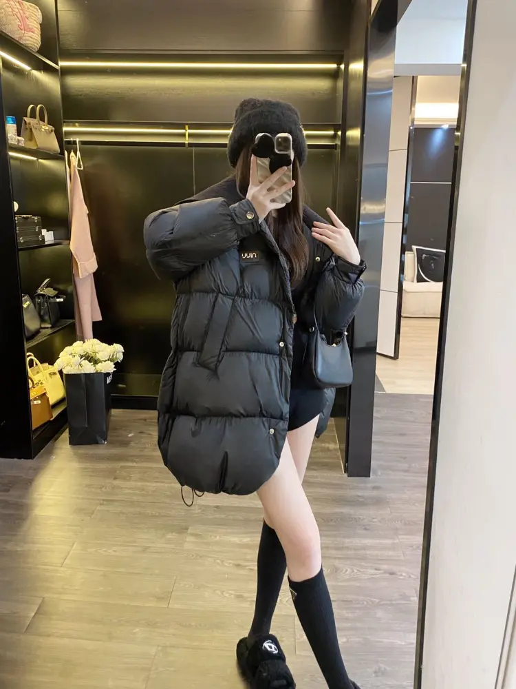 Women's Thickened Warm Duck Down Jacket, Knitted Splicing Lapel, Casual Loose Parka, Medium Length, 90% White, Winter