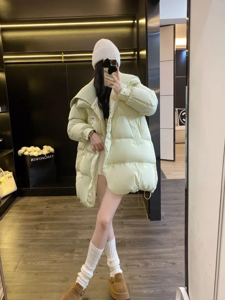 Women's Thickened Warm Duck Down Jacket, Knitted Splicing Lapel, Casual Loose Parka, Medium Length, 90% White, Winter