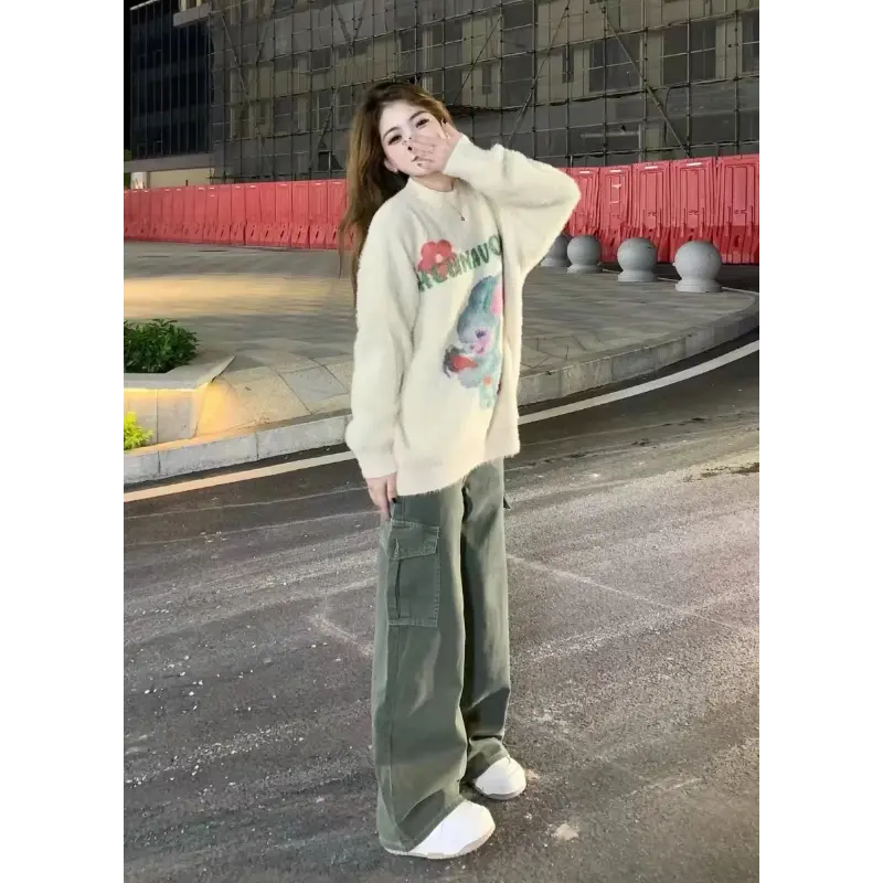 Women's Letter Printed Sweaters, Long Sleeve Top, Loose Casual Pullovers, Korean Popular Clothes, O-neck, Kawaii, Autumn, Winter