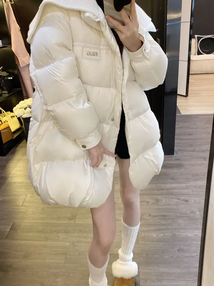 Women's Thickened Warm Duck Down Jacket, Knitted Splicing Lapel, Casual Loose Parka, Medium Length, 90% White, Winter