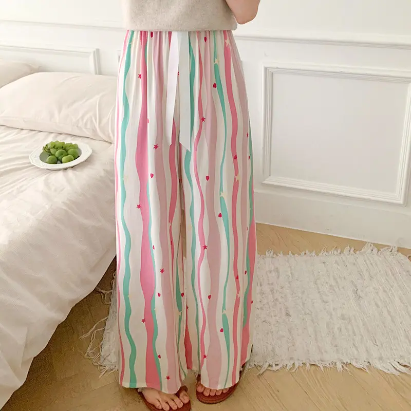 Floral Women's Pants Loose Wide-Leg Pant Seaside Leisure High Waist Nine Points Trousers Summer Slim Ice Silk Stretch Pants