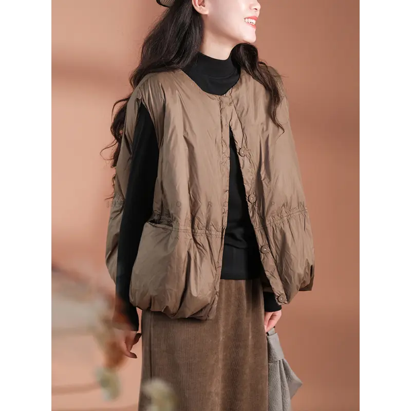 Women's Warm Sleeveless Down Vest, Casual Fashion, Loose, Round Neck, White Duck Down, Simple Undershirt, Layering, Winter