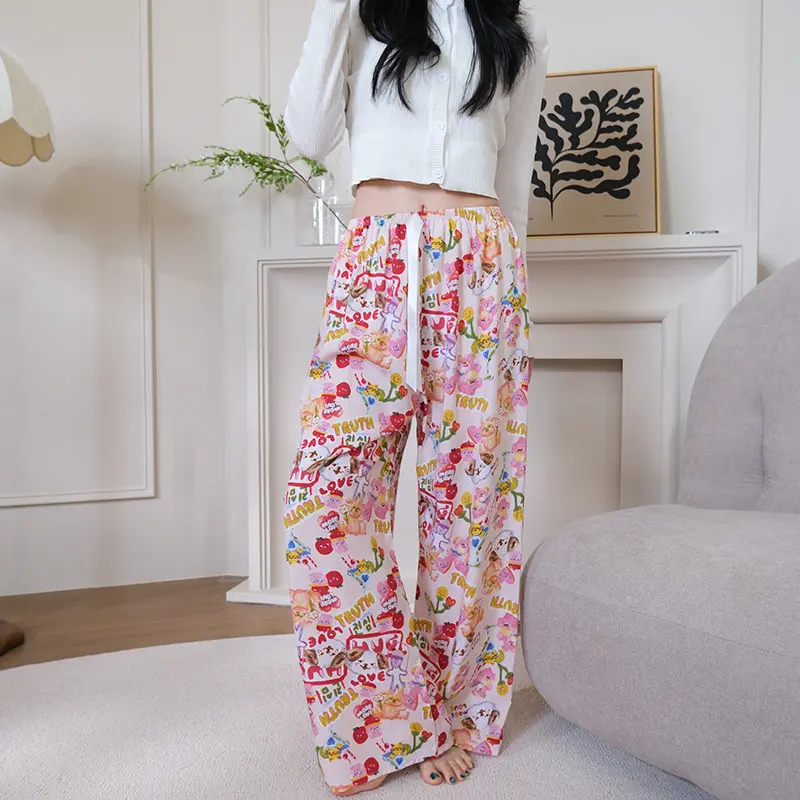 Floral Women's Pants Loose Wide-Leg Pant Seaside Leisure High Waist Nine Points Trousers Summer Slim Ice Silk Stretch Pants