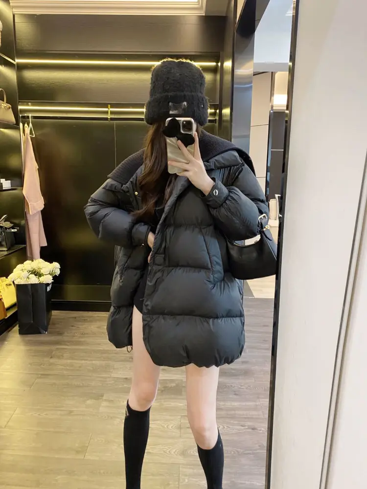 Women's Thickened Warm Duck Down Jacket, Knitted Splicing Lapel, Casual Loose Parka, Medium Length, 90% White, Winter