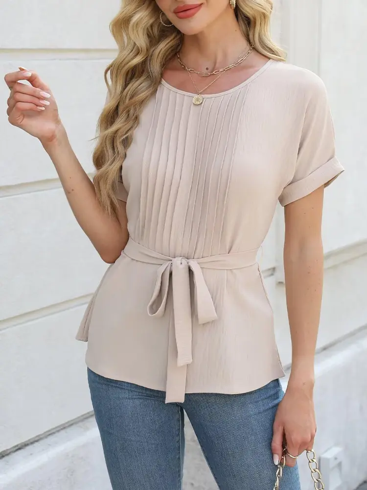 2025 Europe and The United States Spring and Summer New Women's Round Neck Casual Shirt Fashion Ruffled Ruffles Tie Waist Shirt