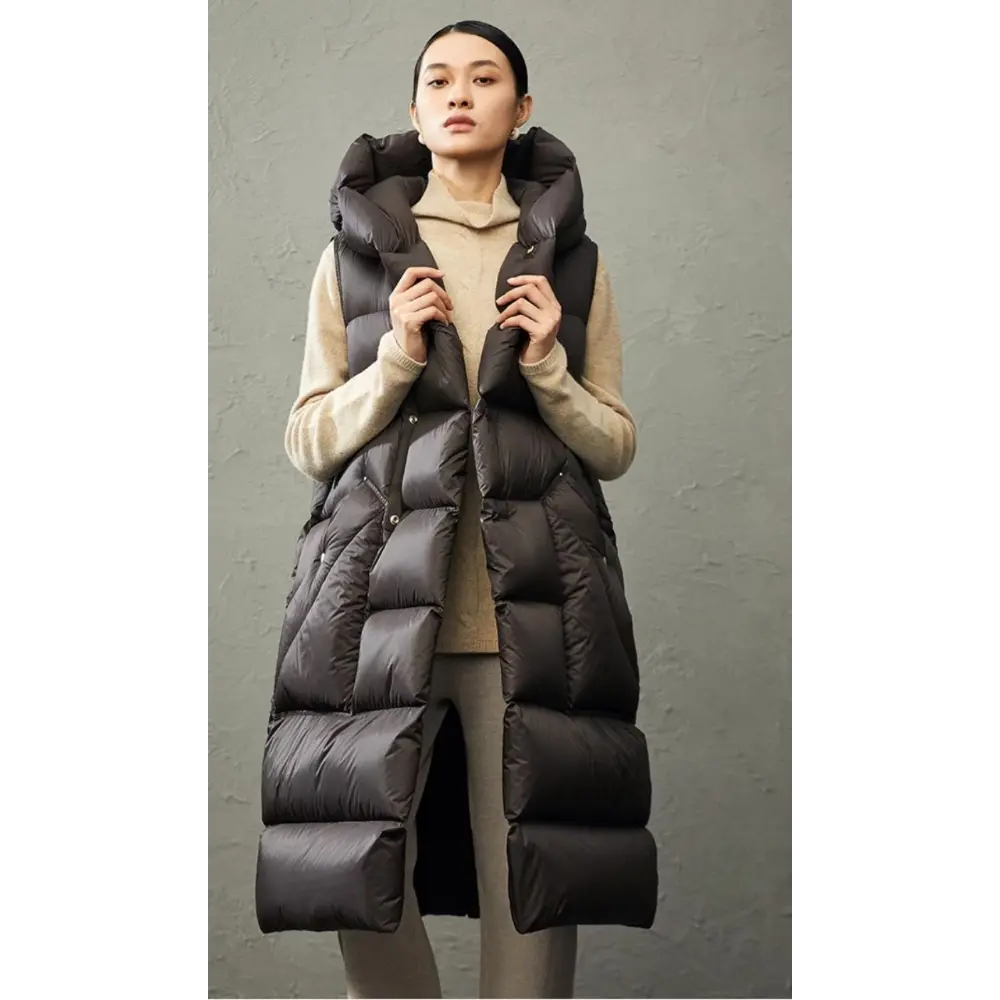 Women's Monochromatic Hooded Long Down Jacket Vest, Single-Breasted Sleeveless Outerwear, Ultra-light, Medium Length Models