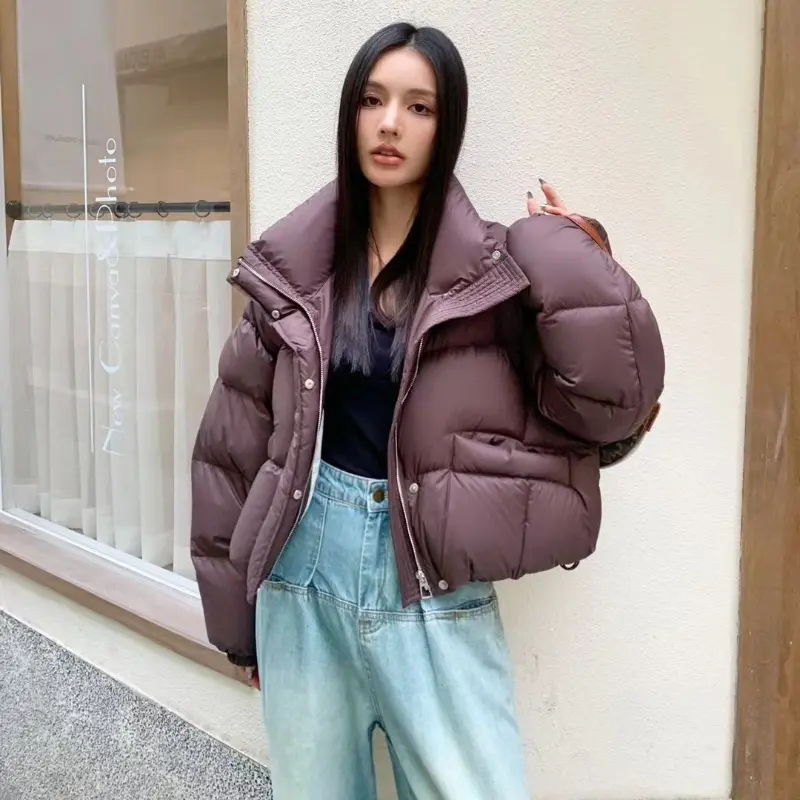 Women's Thick Warm Duck Down Jacket, 90 White, Collar, Short Bread Clothing, Street Style, Casual Parker Coat, Winter Fashion
