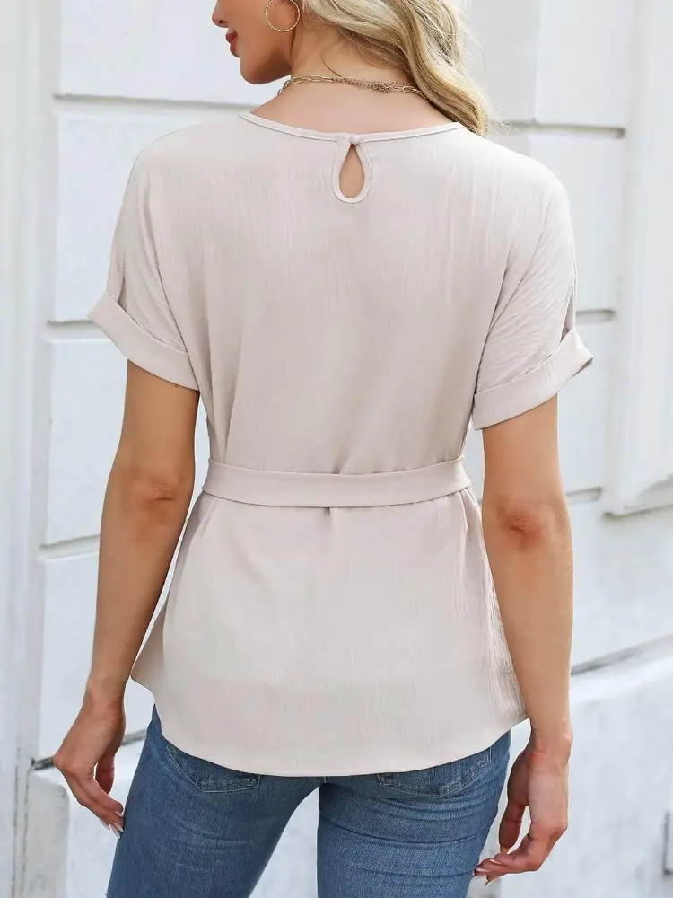 2025 Europe and The United States Spring and Summer New Women's Round Neck Casual Shirt Fashion Ruffled Ruffles Tie Waist Shirt
