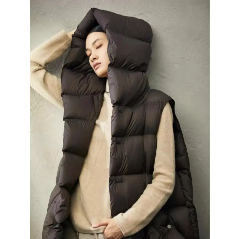 Women's Monochromatic Hooded Long Down Jacket Vest, Single-Breasted Sleeveless Outerwear, Ultra-light, Medium Length Models