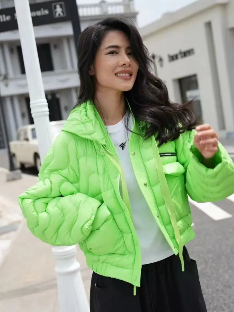 Women's White Duck Down Hooded Puffer Jacket, Thick, Warm, Short, Zipper, Color, Casual, Loose, Winter, Fashion, New