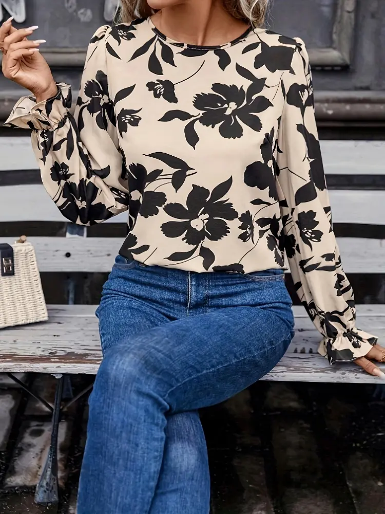 Europe and The United States Women's Spring and Fall New Models Backless Tie Casual Shirt French Print Ruffled Sleeve Tops