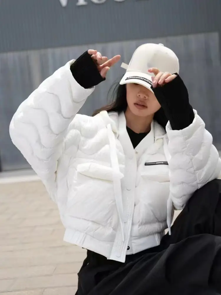 Women's White Duck Down Hooded Puffer Jacket, Thick, Warm, Short, Zipper, Color, Casual, Loose, Winter, Fashion, New