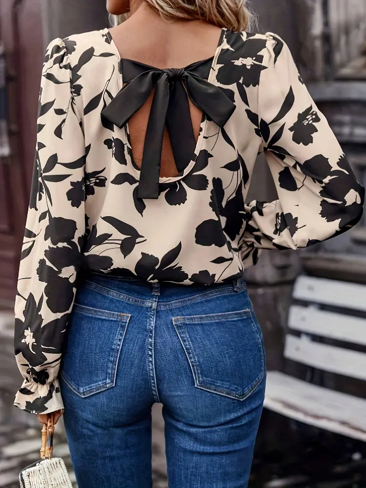 Europe and The United States Women's Spring and Fall New Models Backless Tie Casual Shirt French Print Ruffled Sleeve Tops