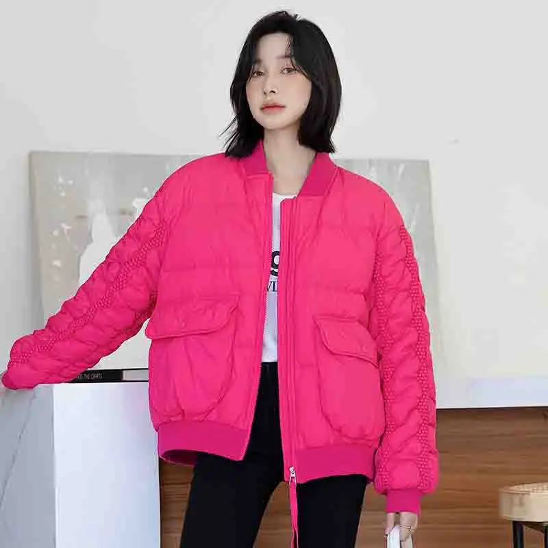 Women's Short Down Jacket, White Duck Down, Thick Warm Puffer Jacket, Casual Outerwear, Monochromatic, Round Neck, New, Winter
