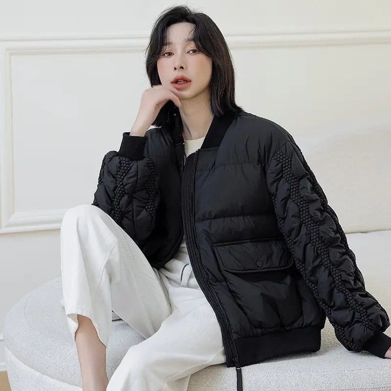Women's Short Down Jacket, White Duck Down, Thick Warm Puffer Jacket, Casual Outerwear, Monochromatic, Round Neck, New, Winter