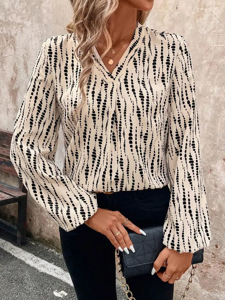 Spring and Autumn New Women's V-neck Long Sleeve Full Printed Shirt Temperament Leisure Loose Lantern Sleeve Blouse