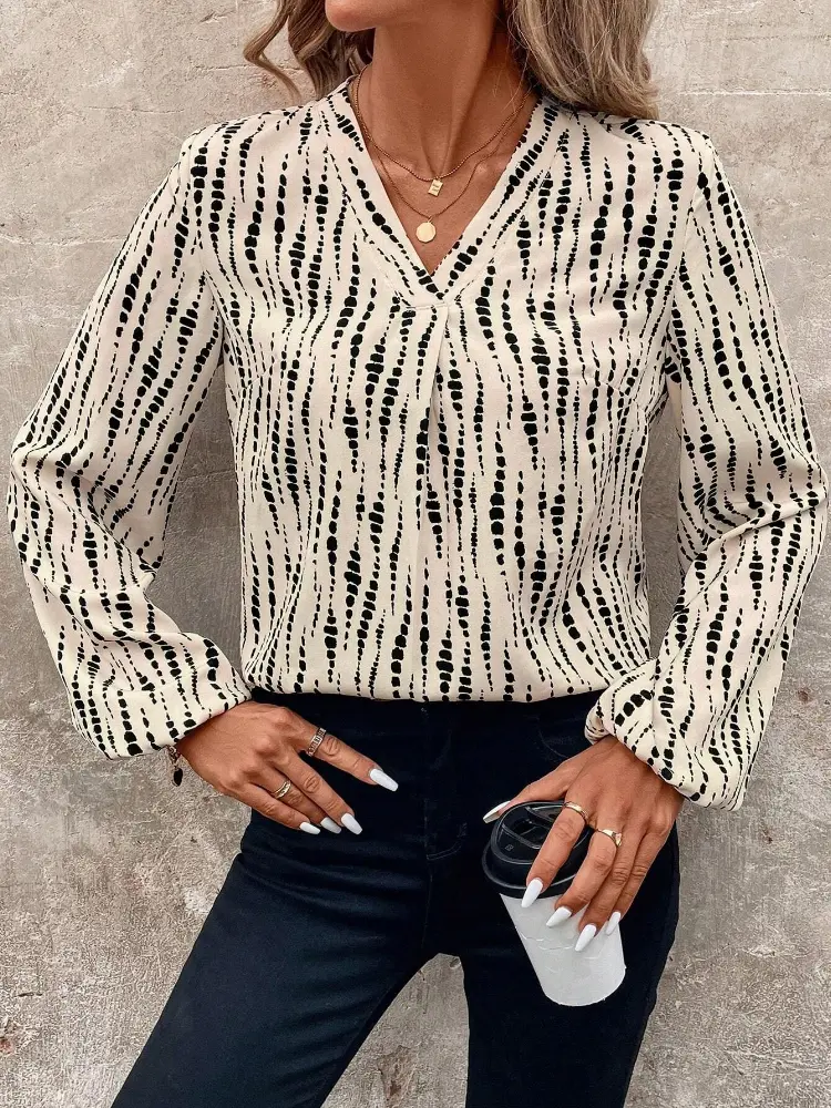 Spring and Autumn New Women's V-neck Long Sleeve Full Printed Shirt Temperament Leisure Loose Lantern Sleeve Blouse