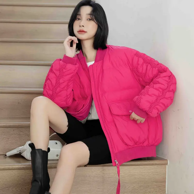 Women's Short Down Jacket, White Duck Down, Thick Warm Puffer Jacket, Casual Outerwear, Monochromatic, Round Neck, New, Winter