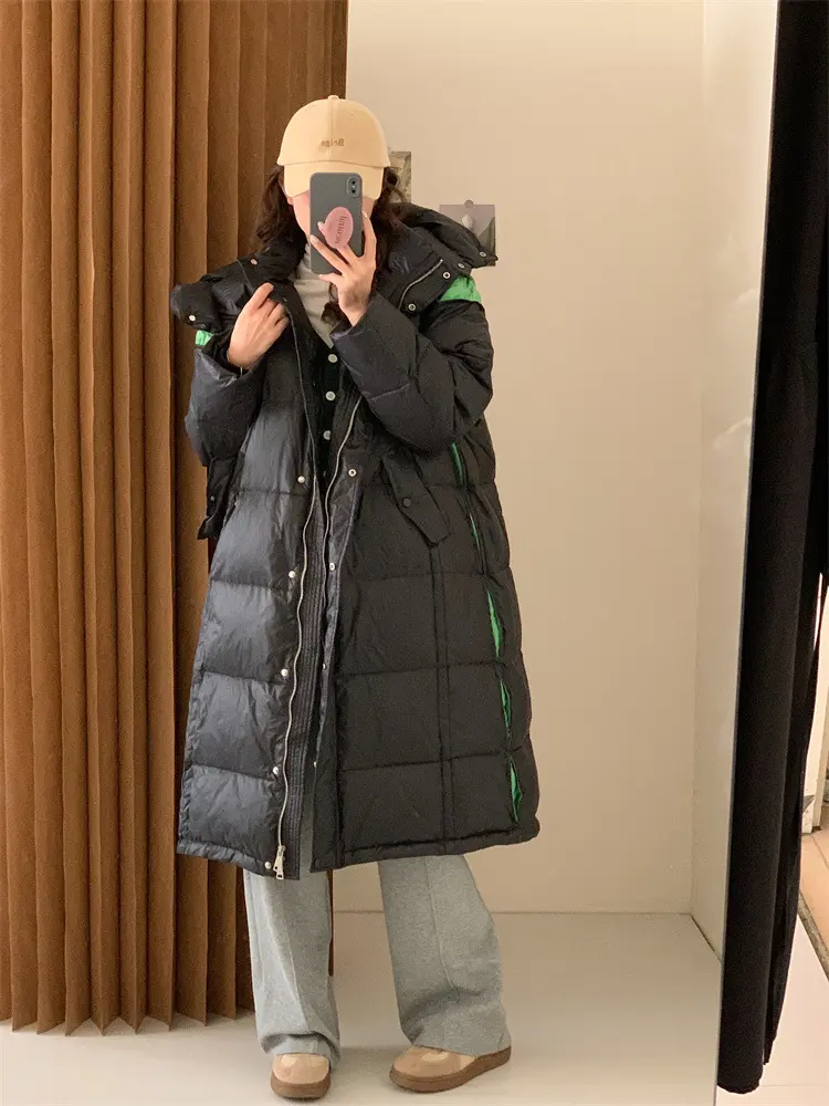 Hooded Puffer Jacket for Women, 90 White Duck Down, Medium Length, Knee-length, Thick, Warm, Stand Collar, Winter, New, 2024