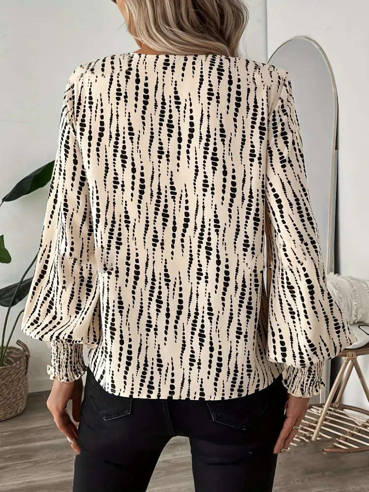 Spring and Autumn New Women's V-neck Long Sleeve Full Printed Shirt Temperament Leisure Loose Lantern Sleeve Blouse