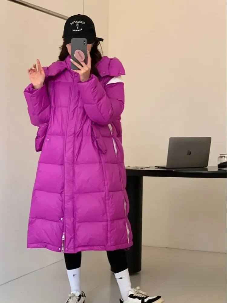 Hooded Puffer Jacket for Women, 90 White Duck Down, Medium Length, Knee-length, Thick, Warm, Stand Collar, Winter, New, 2024