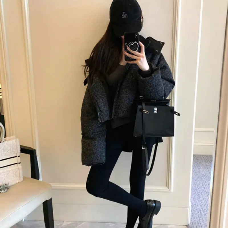 Short Down Jacket for Women 90White Duck Down Hooded Thickened Stand Collar Puffer Jacket Loose Casual Coats, Black, Fashionable