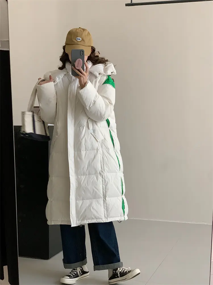 Hooded Puffer Jacket for Women, 90 White Duck Down, Medium Length, Knee-length, Thick, Warm, Stand Collar, Winter, New, 2024